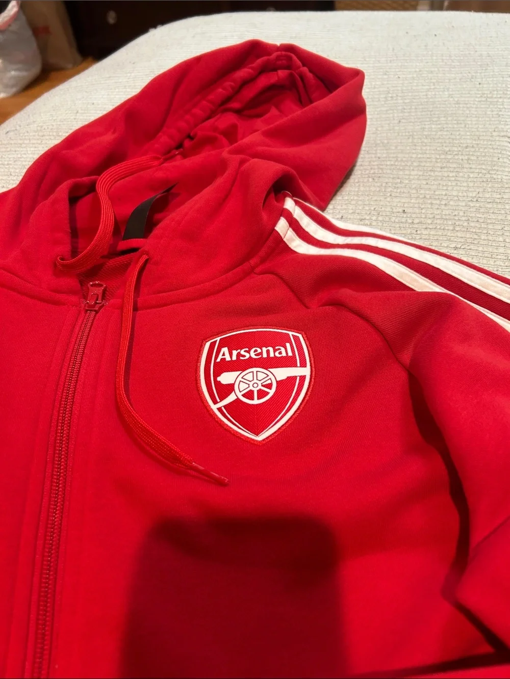 adidas Men’s Red Arsenal Full-Zip Hoodie with White Stripes